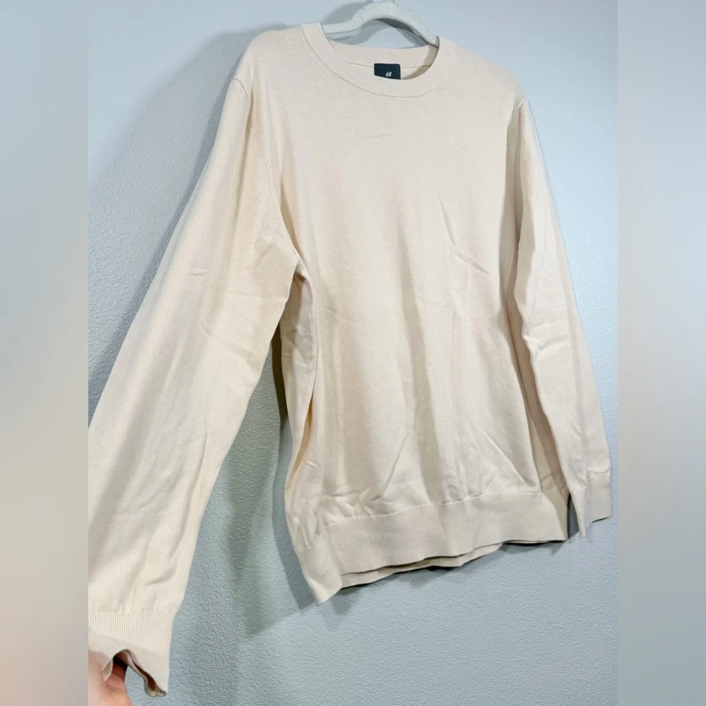 NWT H&M Crewneck Sweater Beige White Long Sleeve Soft Cotton Slim Fit Men XL
